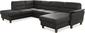 CAVADORE U-Form-Sofa Palera / Wohnlandschaft mit Schlaffunktion, Stauraum und Federkern / 314 x 89 x 212 / Mikrofaser in Lederoptik, Dunkelgrau