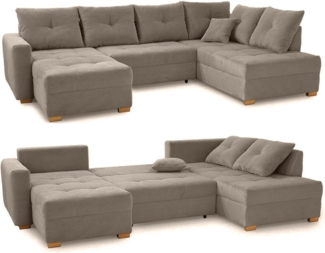 luma-home Wohnlandschaft 15219, U-Form mit Schlaffunktion und Bettkasten, 313 cm breit, Schaumpolsterung, seitenverkehrt montierbar, Cord in Braun Taupe