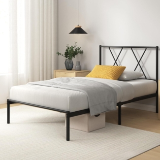 Zinus Elias Bettgestell 90x200 cm mit Moderne Kopfteil - Metallbett 90x200 mit Metall-Lattenrost - 30 cm Hohe Plattform mit Freiraum Darunter - Kein Boxspringbett Erforderlich - Schwarz
