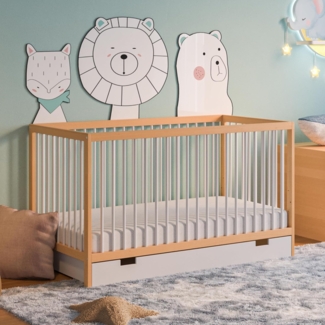Kids Collective Babybett mit Schublade Kinderbett Gitterbett 60x120 & 70x140 cm höhenverstellbar & herausnehmbare Sprossen | 60x120 cm Buchenholz Natur-weiß sehr stabil Made in Europe