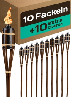 Praknu Gartenfackel 10 Gartenfackeln Bambus Braun 90cm, Feuer, Lange Brenndauer - Mit Öl Nachfüllbar - 10 extra Dochte - Party Deko