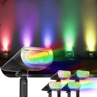 Linkind RGB Solarlampe für außen, Farbige Solarleuchte mit 10 Leuchtmodi (inkl. Weiß & Farbwechseln), IP67 Bunte Außenleuchte Solar, 2-in-1 Montage Solar Strahler zum Halloween Weihnachten, 4 Stück