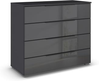 Rauch Möbel Monostar, Kommode, Kommode Schlafzimmer, Kommode, Schubladenkommode, Schlafzimmer Möbel, 4 Schubkästen, mit Glasfront, Farbe Glas Basalt/Grau metallic, 93x81x42cm