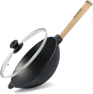 Wok Bratpfanne Ø24 cm 2,2 L aus Gusseisen mit Holzgriff Glasdeckel Asia Wokpfanne Induktion