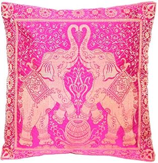 Handgewebter indischer Banarasi Seide Deko-Kissenbezug mit Extravaganten Elefant Design in Magenta - 40 cm x 40 cm