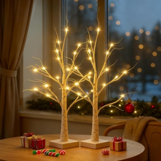 Salcar LED-Lichterkette LED Baum Lichter Warmweiß Weihnachten LED Birkenbaum, 2PCS 60cm LED Lichterbaum Innen mit 24 LEDs Licht