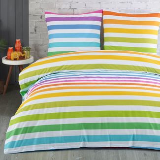 Buymax Bettwäsche Regenbogen, Rainbow 100% Baumwolle, Renforcé, 4 teilig, 135x200 cm, mit Reißverschluss, Gestreift, Streifen Bunt Rot Weiß Gelb
