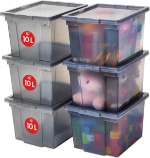 Iris Ohyama Vielseitige Aufbewahrungsbox mit Deckel, Stapelboxen, 10L, 6er-Set, Grau, Stapelbar, Plastik, Für Schrank, Regale, Organisation, Kleidung, Bettlaken, Plastikbox mit Deckel, USB-S