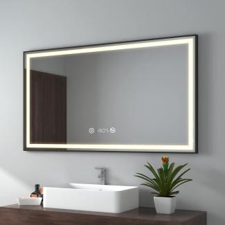 EMKE Badspiegel mit Beleuchtung, Schwarzer Rand LED, mit Touch, Antibeschlage, Uhr, Temperatur, Dimmbar, Memory-Funktion, Neutrale Beleuchtung, IP44, 120x70 cm