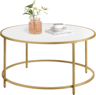 Vasagle Couchtisch, Wohnzimmertisch, rund, Sofatisch, Kaffeetisch, mit Oberfläche aus Holzspanplatte und goldfarbenem Stahlrahmen, einfache Montage, modern, weiß-goldfarben