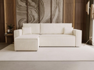 GrainGold Ecksofa mit Schlaffunktion und Bettkasten PRATO L - 253x145 cm, Beige, verstellbare Kopfstützen