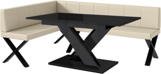 MEBLINI Eckbank für Esszimmer mit ausziehbarem Tisch - Küchenbank - Essecke - Sitzecke Küche - PETER - X-Beine 142x196x87cm Links - Creme Kunstleder/B Schwarz Hochgl.