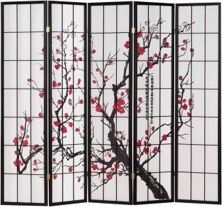 Homestyle4u Paravent 5-tlg., Kirschblütenzweige, Kiefernholz schwarz / Reispapier weiß, 220x179 cm