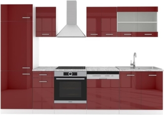 Vicco Küchenzeile R-Line, Bordeaux Hochglanz/Weiß, 300 cm, AP Marmor