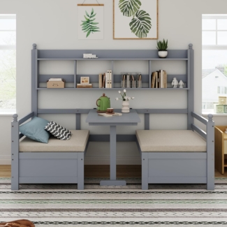 Ball & Cast Multifunktionales Massivholz Schlafsofa 200x90 cm, 2-in-1 Bett und Schreibtisch, Frei Umbaubar, Mit Bücherregal Zur Aufbewahrung, Mit Bequemen Kissen, Gästebett Einzelholzbett, Grau