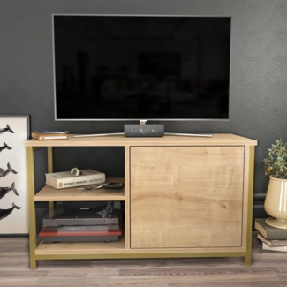 Hanah Home Glamorous TV Stand, Gold & Oak, 89.6 x 35.3 x 50.8 cm | 100% Melamine Coated Particle Board, 18 mm Thick, Sturdy Metal Frame | Stylish & Functional Design for Modern Living Rooms