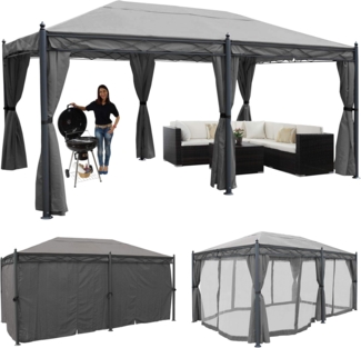 Pergola Cadiz, Pavillon, stabiles 7cm-Gestell 5x3m ~ grau mit Seitenwand + Moskitonetz