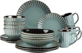 Geschirr Set fr 4 Personen im modernen Vintage Look, 20-teiliges Kombiservice aus Keramik in Petrol mit schwarzen Akzenten