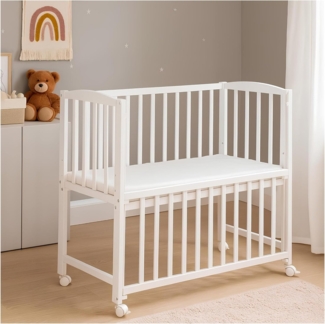 Baby-Delux Beistellbett Beistellbett, Babybett Stubenbett 90x40 weiß Kiefer mit Rollen Matratze