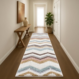Teppich Läufer fürs Flur - 80x300cm - Hochflor - Boho - Pastellfarben - Geometrisch Zick Zack - Muster - Skandinavisch Flauschig Weich - Schlafzimmer