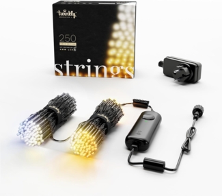 Twinkly Strings 250 LED Weiß, LED-Lichterkette für Draußen und Drinnen, LED-Lichter von Warm bis Kalt, Kompatibel mit Alexa und Google Home, IP44, Weihnachtsdeko, App-Steuerung, Schwarzes Kabel, 20m