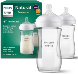 Philips AVENT Babyflasche Natural Response Babyflasche, aus Glas, 2er-Pack, mittlere Durchflussrate