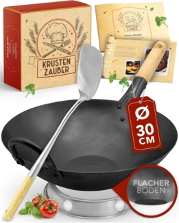 Krustenzauber Wok Wokpfanne Induktion voreingebrannt - Traditionelle Stahlwokpfanne, (mit Wokwender u. Wokring), Wok Pfanne, Wok Induktion, Woklette, Wok Zubehör