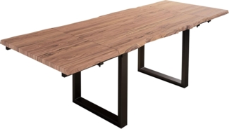 SAM Baumkantentisch 140 (220) x 90 cm Barcelona by Wolf Möbel, Akazienholz massiv & stonefarben, Esstisch inkl. 2 Ansteckplatten 40x90 cm, echte Baumkante, U-Metallgestell in Schwarz