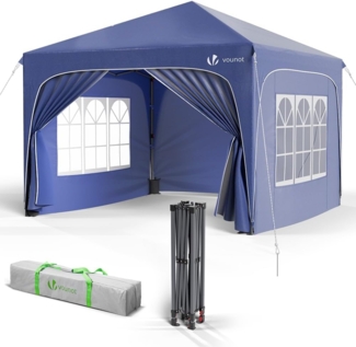 VOUNOT Pavillon 3x3 m mit 4 Seitenteilen & 4 Sandsäcke, Pop Up Faltpavillon, Wasserdicht, Faltbar Gartenzelt Partyzelt, inkl. Tasche, Blau