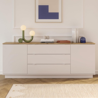 Forte GANYMEDE Sideboard 230, minimalistisches Sideboard, 2-türig, 3 Schubladen, Holzwerkstoff, Wohn-/Schlafzimmer, Mauvella Eiche Holzdekor|Kaschmirbeige, 224,5 cm breit x 85,7 cm hoch x 41,3 cm tief