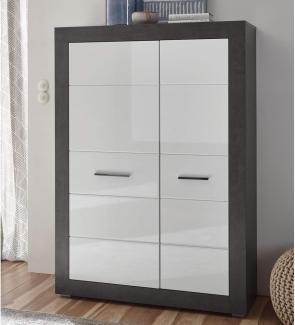 Highboard Kommode ETON-61 in Hochglanz weiß mit Dark Concret Nb. B/H/T: 100/142/35cm