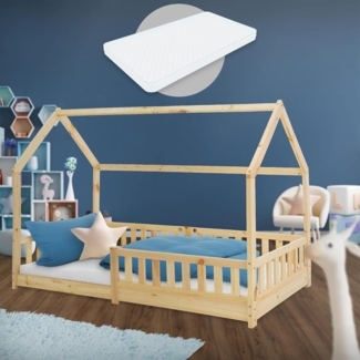 ML-DESIGN Kinderbett Hausbett mit Rausfallschutz, Dach und Lattenrost Massivholz, Bett 90x200 cm Natur mit Matratze 10cm Mädchen Jungen Holzbett