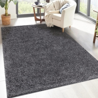 carpet city Shaggy Hochflor Teppich - 150x150 cm Quadratisch - Anthrazit - Langflor Wohnzimmerteppich - Einfarbig Uni Modern - Flauschig-Weiche Teppiche Schlafzimmer Deko