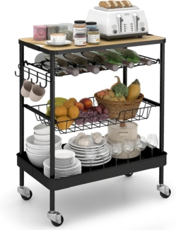 Sekey Servierwagen mit Rollen | Barwagen und Griff | Weinglashalter | Oberer MDF-Platte | mit 4 Haken | 360°-Gummiräder mit Bremse | Rostfest | Küchenwagen für Küche, Bar, Esszimmer | Schwarz