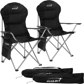 Hauki Campingstuhl Faltstühl faltbar mit Getränkehalter & Tragetasche bis 150kg (2 St), 2x Klappstuhl 56x95x110cm Schwarz Angelstuhl mit Hochlehner Gepolster