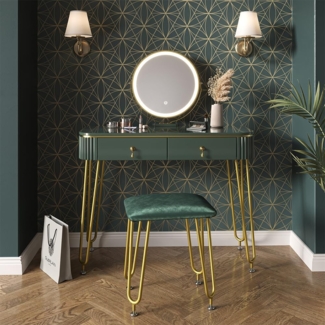 Vicco Schminktisch Dunkelgrün Hochglanz 100 cm mit LED Beleuchtung und Hocker, Grace