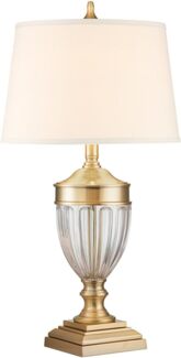 Quoizel QZ-DENNISON-BB Tischleuchte Dennison E27 100W Stahl, Glas, Leinen; Messing gebürstet H:80cm Ø43cm dimmbar