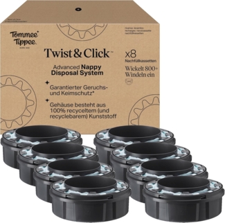 Tommee Tippee Twist & Click Advanced Windelbehälter, Original-Nachfüllkassetten, exklusive 8er-Packung, für einfaches Nachfüllen und ein tolles Preis-Leistungs-Verhältnis (Verpackung kann variieren)