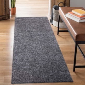 carpet city Shaggy Hochflor Teppich - Läufer 80x300 cm - Anthrazit - Langflor Flurteppich - Einfarbig Uni Modern - Flauschig-Weiche Teppiche Schlafzimmer Deko