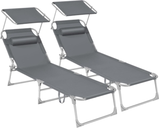 SONGMICS Sonnenliege, 2er Set, Liegestuhl, bis 250 kg belastbar, 193 x 53 x 29 cm, mit Sonnendach und Verstellbarer Rückenlehne GCB19UV1-2