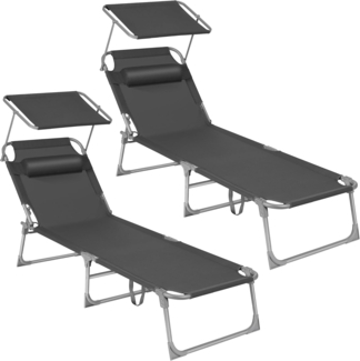 SONGMICS Sonnenliege, 2er Set, Liegestuhl, bis 250 kg belastbar, 193 x 53 x 29 cm, mit Sonnendach und Verstellbarer Rückenlehne GCB19UV1-2