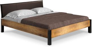Möbel-Eins CURBY Bett Metallfuß, mit Polsterkopfteil, Material Massivholz, rustikale Altholzoptik, Fichte vintage 140x200 cm Kunstleder Braun ohne Steppung