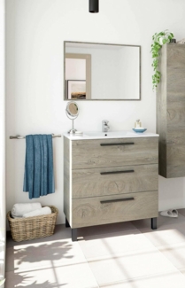Dmora - Palmdale Waschtischunterschrank, Badezimmerschrank, Schrank mit 3 Schubladen und Spiegel, Waschbecken nicht im Lieferumfang enthalten, 80x45h86 cm, Eiche