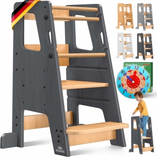KIDIZ® Lernturm für Kinder ab 1 Jahr inkl. Lernuhr | 3-stufig Höhenverstellbarer Tritthocker aus Kiefernholz | spielerisch motorische Fähigkeiten fördern Montessori Learning Tower bis 50 kg belastbar Anthrazit / Hellbraun