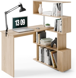 Mondeer Computertisch L-Förmig, Eckschreibtisch, mit 360 Grad Drehbarem Bücherregal für Arbeitszimmer Wohnzimmer Büro 157 x 45 x 130,5 cm, Eiche