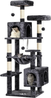 MSmask Kratzbaum groß, L Katzenbaum Stabil, Katzenkratzbaum mit 2 Plattformen, 2 Katzenhöhlen, Hängematte, Sisalsäulen, mehrstöckiger Kletterbaum für Katzen (Dunkelgrau, 160 cm)