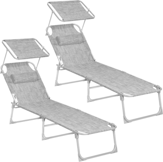 Sonnenliege, klappbarer Liegestuhl, 193 x 53 x 29 cm, max. Belastbarkeit 150 kg, mit Sonnenschutz, Kopfstütze und Verstellbarer Rückenlehne, für Garten, Pool, Terrasse, Greige, 2 Liegen