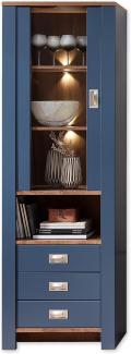 DIJON Vitrine in Parisian Blue, Haveleiche Cognac Optik - Moderner Vitrinenschrank mit LED-Beleuchtung und viel Stauraum - 65 x 201 x 38 cm (B/H/T)