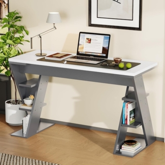 Ball & Cast Schreibtische (120 * 50 cm) mit X-förmiger Halterung, Einfacher Computertisch mit Sechs Lagerregal, Einfach & Zeitsparend Montierbar, Weiß + Grau