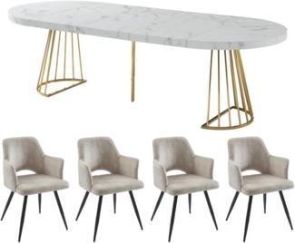 Vente-unique - Set Tisch FIRELA + 4 Stühle KADIJA - Marmor-Optik - Weiß & Beige